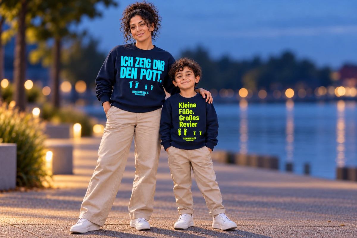Erwachsene Person und Kind in Navy-Sweatshirts mit cyan- und limefarbenen Motiven am Kanal in der Abenddämmerung. KI-Kampagnenbild.